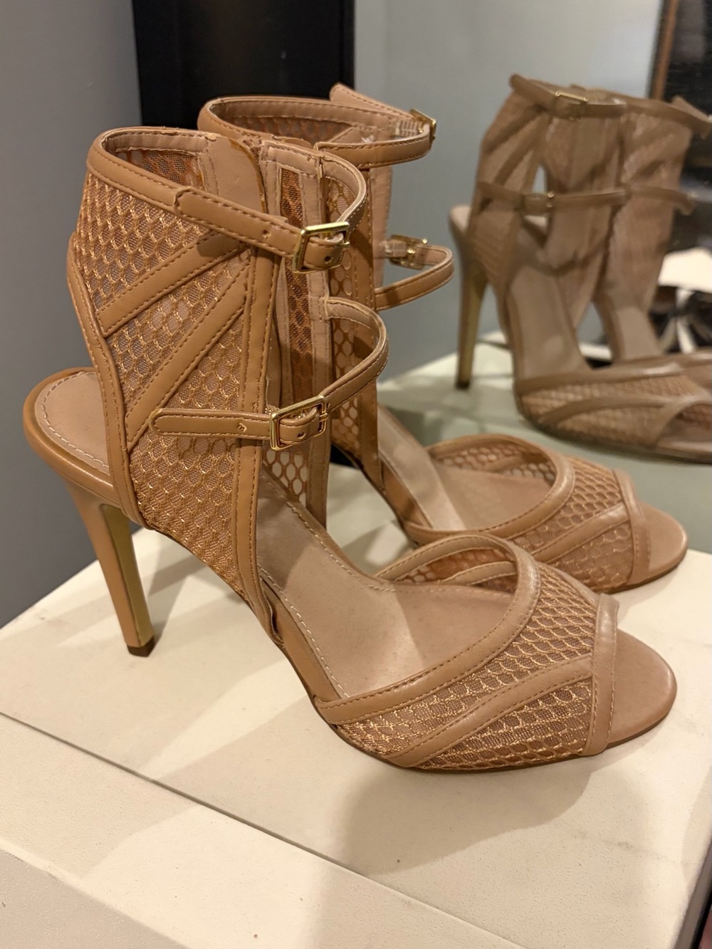 Saks Fifth Avenue Tan Mesh Strappy High Heel Sandals